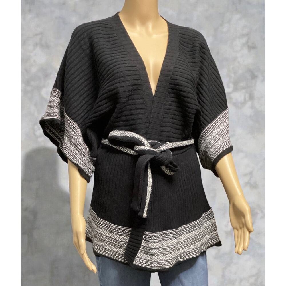 RXB black knit belted cardigan kimono sleeve tribal pattern trim size L